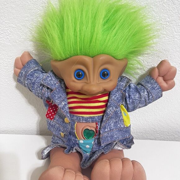 Vintage Ace Novelty Treasure Troll Tot Green Heart Wishstone Large Doll 14" - Picture 3 of 16
